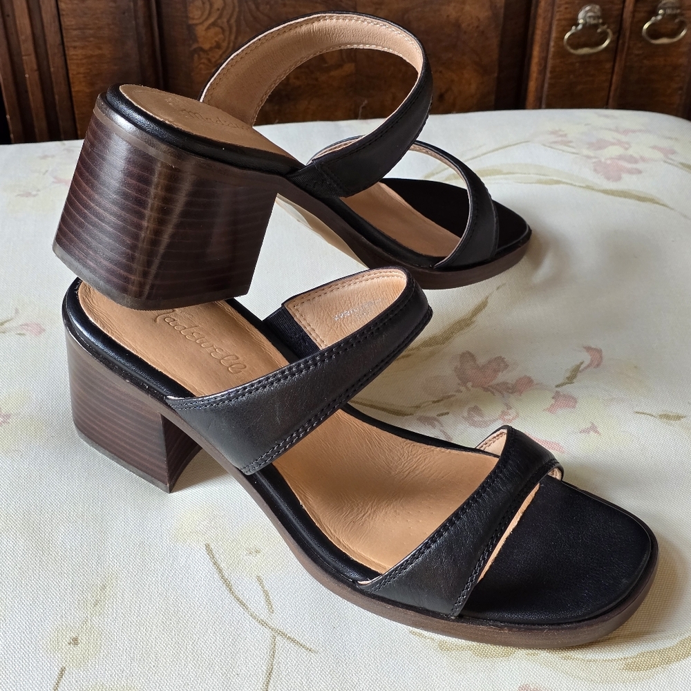 NWT Madewell The Saige Women's Sandals Sz 9 Leather Black Block Heels Slip On - Picture 4 of 14
